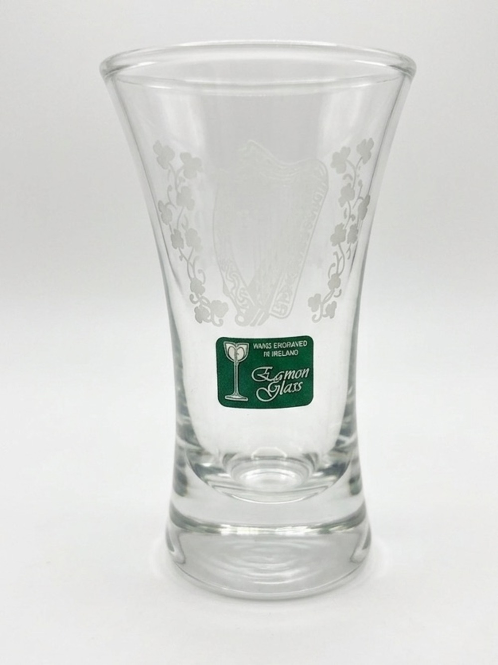 Eamon Glass Hand Engraved Shot Glass (Tall Shooter) Harp Shamrocks